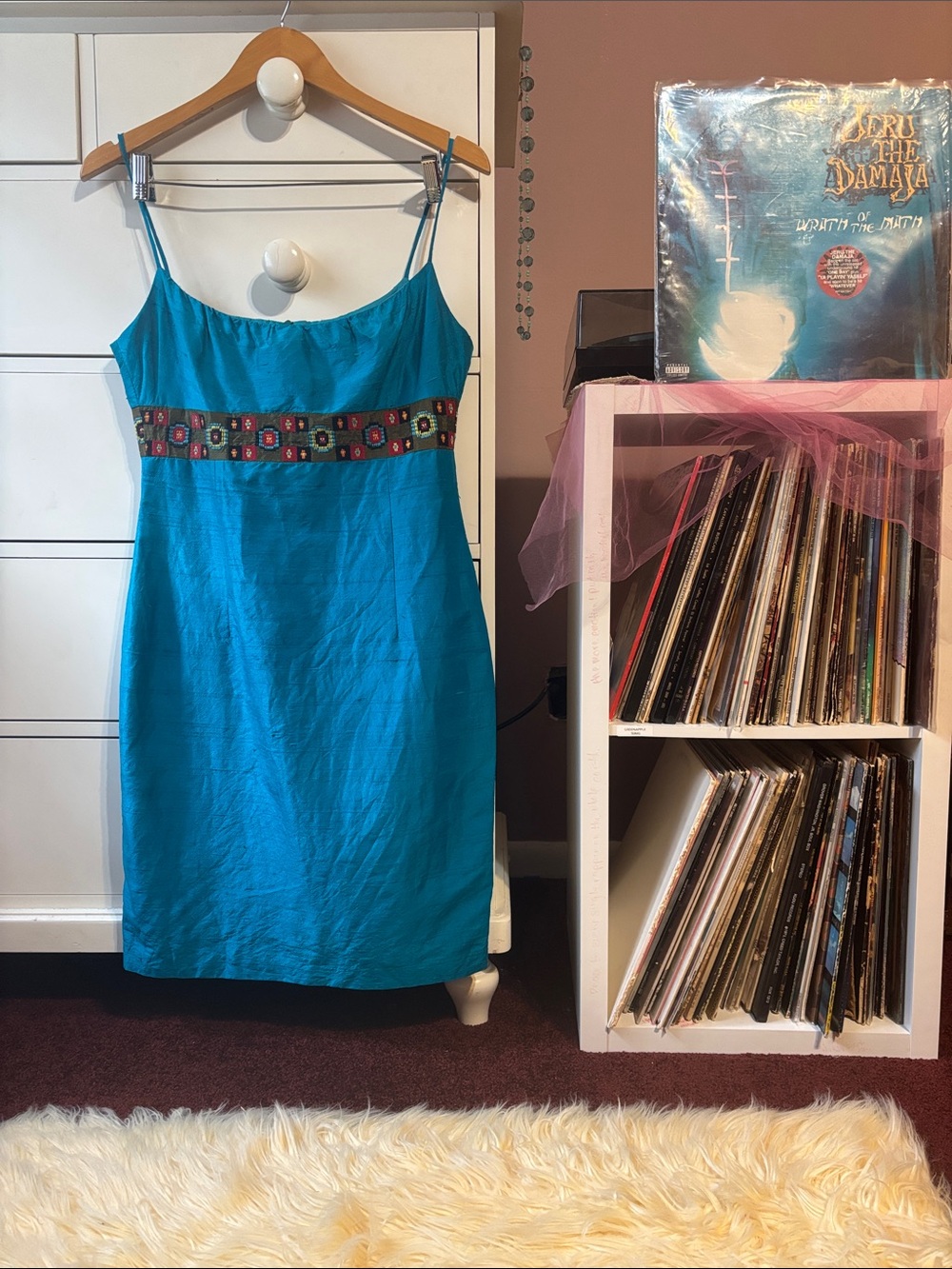 Vintage 90s Silk Laundry Aqua Teal Silk Midi Dress Y2K Babydoll Slip Cocktail 10
